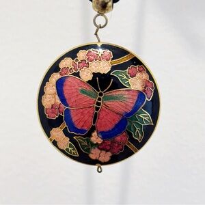 Vintage Pink Black Butterfly Flower Cloisonné Enamel pendant necklace